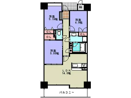ＪＲ山田線 上盛岡駅 徒歩5分 14階建 築19年(3LDK/12階)の間取り写真