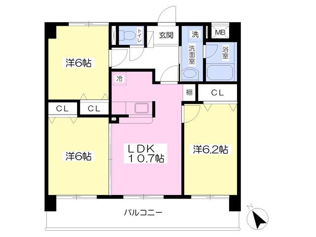 アバンサール市名坂(3LDK/3階)の間取り写真