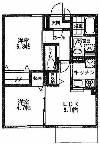 コンフォートルミナスB棟(2DK/1階)の間取り写真