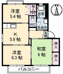 グランコート浅野 D棟(3K/2階)の間取り写真