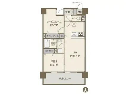 スクエアコートカミ(2LDK/1階)の間取り写真