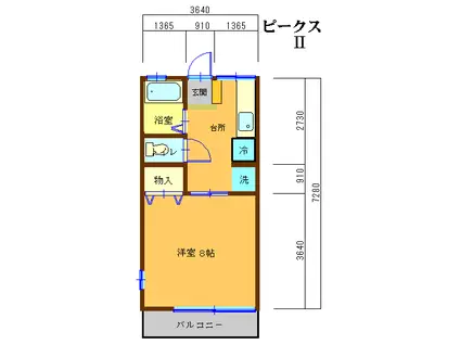 ピークスII(1K/1階)の間取り写真