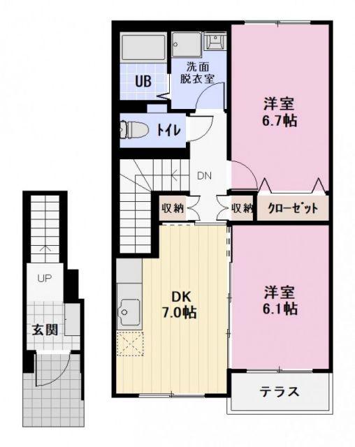 ユシェロA(2DK/2階)の間取り写真