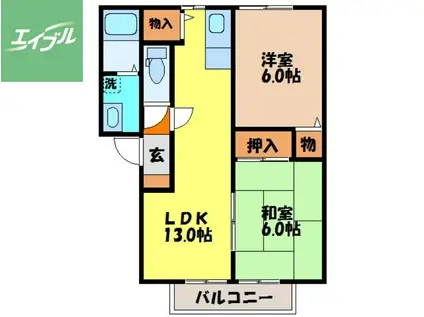 セジュール夢彩都II(2LDK/2階)の間取り写真