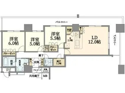 上本町ヒルズマークス(3LDK/27階)の間取り写真