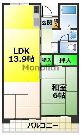 津久野南 6号棟(1LDK/4階)の間取り写真