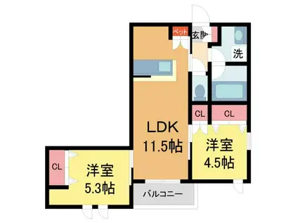 BLUME夙川(2LDK/2階)の間取り写真