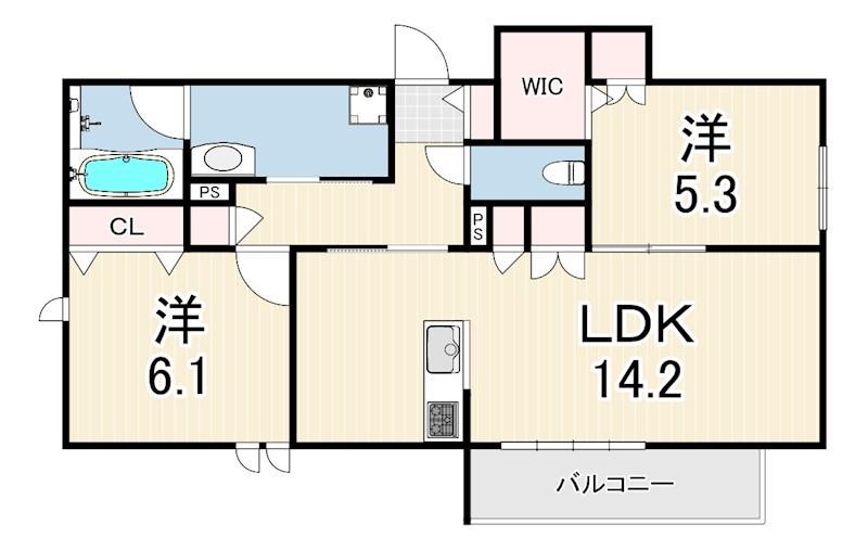 西宮市甲東園2丁目ヘーベルメゾン(2LDK/2階)の間取り写真