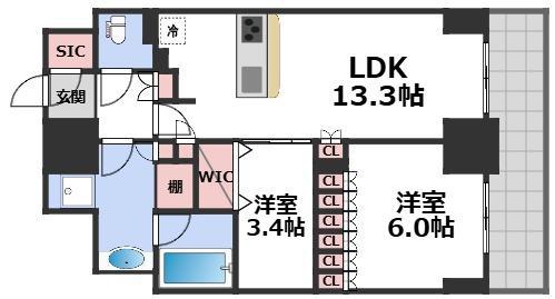 ザ・パークハビオ谷町六丁目クロス(2LDK/15階)の間取り写真