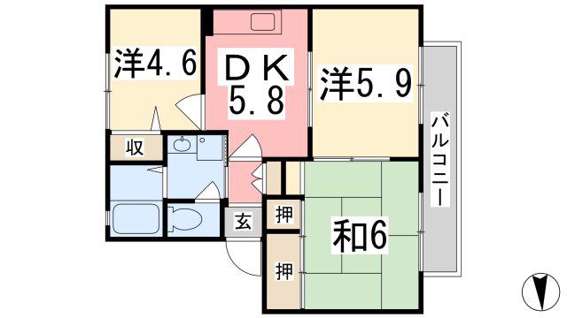 ディアス宮脇 A棟(3K/2階)の間取り写真