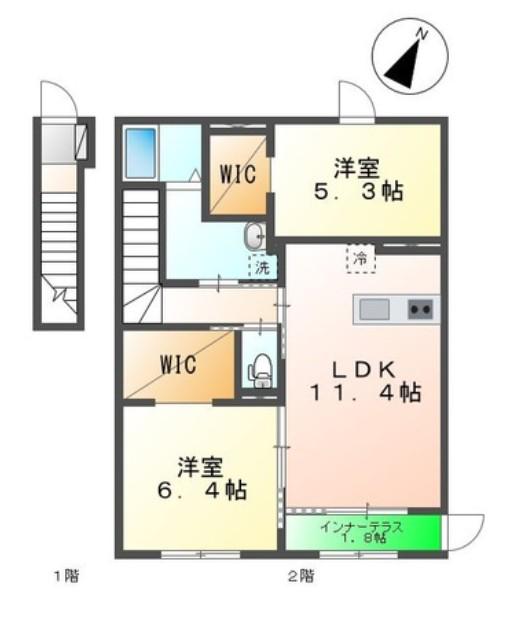 シェルルおおたかの森(2LDK/2階)の間取り写真
