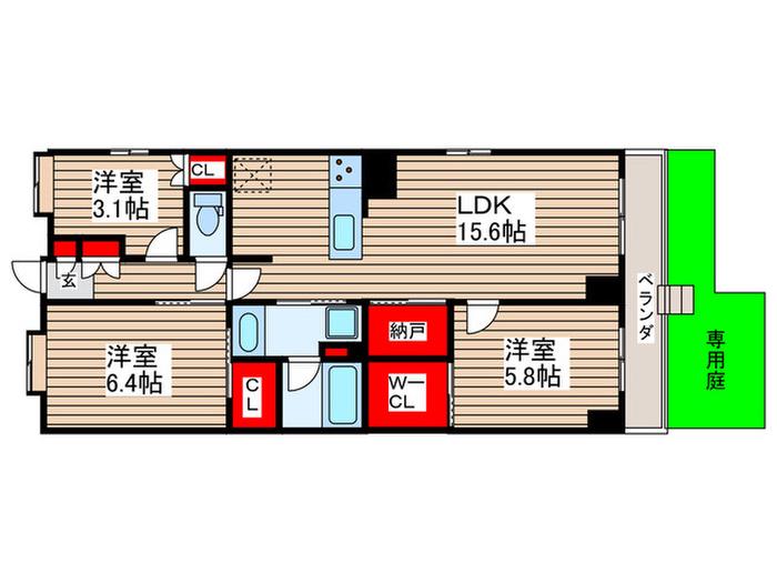 サステナブランシェ本行徳(3LDK/1階)の間取り写真