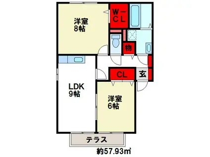 クローバーハイツ杉塚(2LDK/1階)の間取り写真