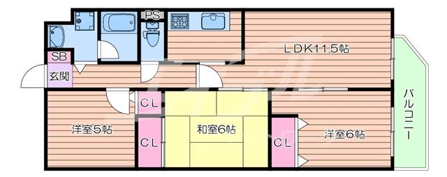 レスカーラ緑地公園(3LDK/1階)の間取り写真