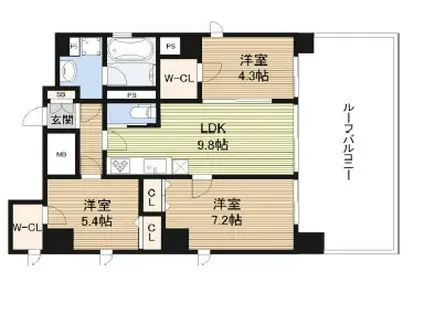 OSAKA CASTEL SHIRAHAMA PREMIER(2SLDK/3階)の間取り写真