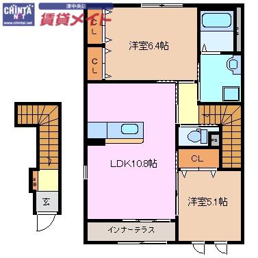 近鉄名古屋線 津駅 バス乗車時間：30分 最寄りバス停で下車 徒歩5分 2階建 築11年(2LDK/2階)の間取り写真