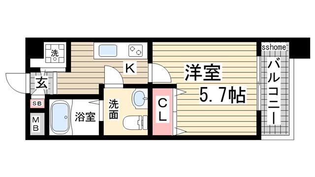 ラウル六甲道(1K/2階)の間取り写真