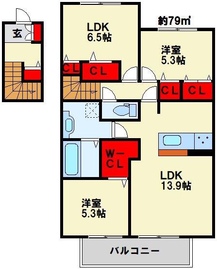 D-ROOM城野駅 A棟(3LDK/2階)の間取り写真