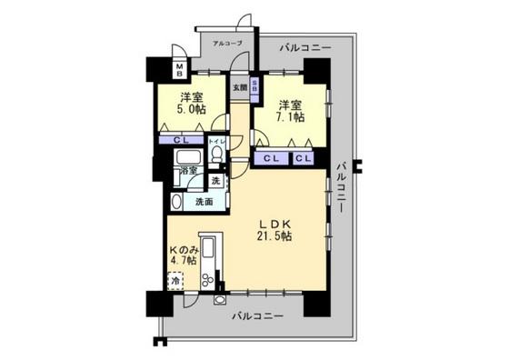 アルファステイツ西川緑道公園(2LDK/13階)の間取り写真