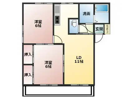 キャッスル飯塚B棟(2LDK/2階)の間取り写真