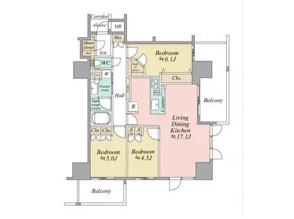 プレサンス レジェンド 大阪新町タワー(3LDK/10階)の間取り写真