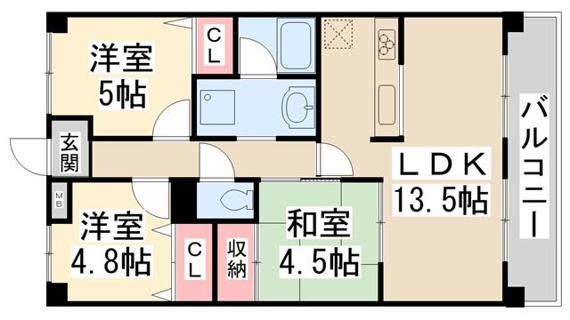 カネボウ鼓ヶ滝グリーンマンション(3LDK/4階)の間取り写真
