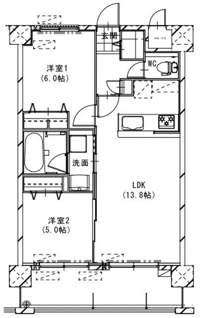 SUNCREST西崎(2LDK/4階)の間取り写真