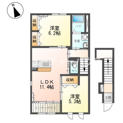 フェリーチェB棟(2LDK/2階)の間取り写真