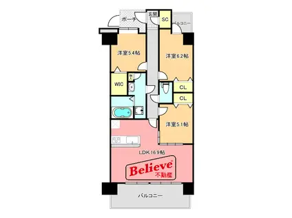 ウェスタ久留米けやき通(3LDK/6階)の間取り写真