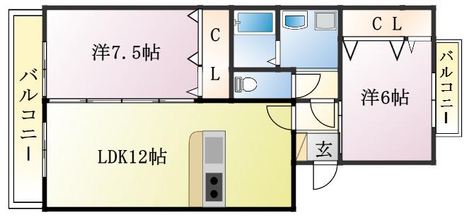 GRUNENWALD(2LDK/2階)の間取り写真