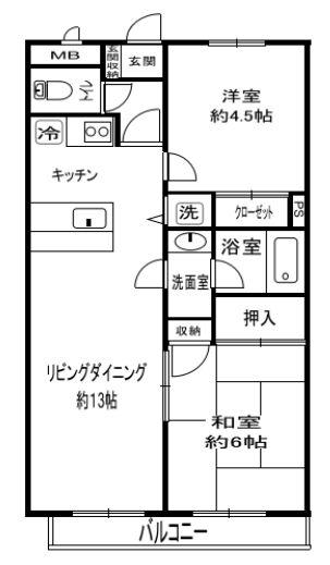 ウインブルーム深谷(2LDK/3階)の間取り写真