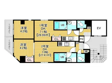 グランヒルズ錦糸町(1DK/2階)の間取り写真