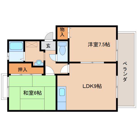 サンビレッジ学園前東坂D(2LDK/2階)の間取り写真