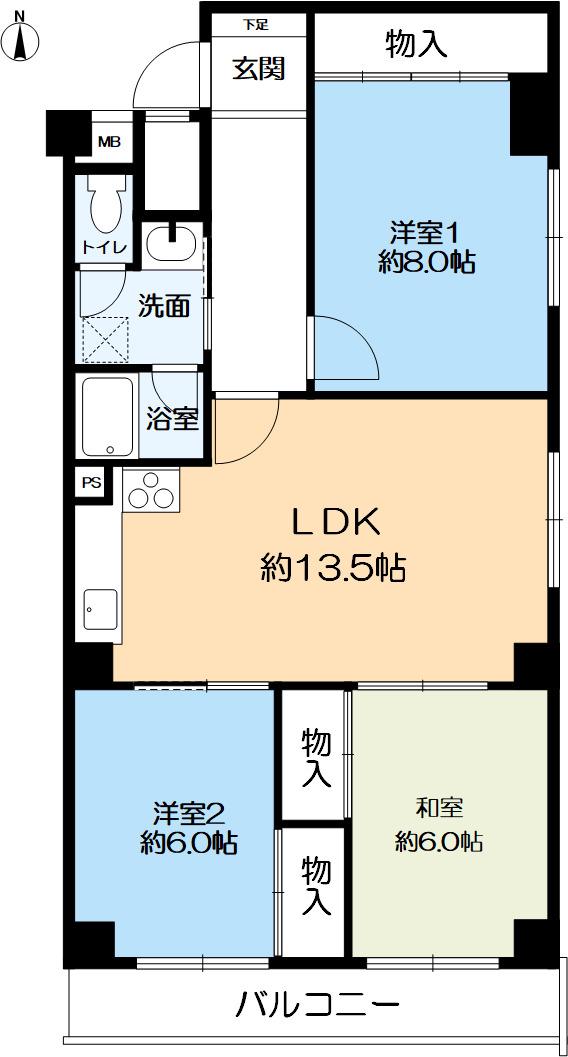 岡本パークマンション(3LDK/5階)の間取り写真