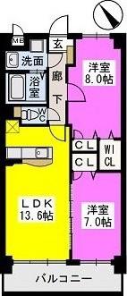 レジデンス御笠川(2LDK/7階)の間取り写真