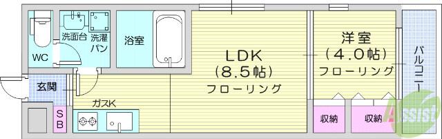 シャトーウイング連坊(1LDK/1階)の間取り写真