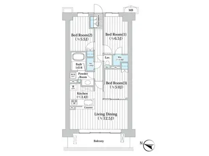 アビティグランデ砧 A棟(3LDK/3階)の間取り写真