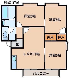 塚原台レイクタウンB棟(3LDK/2階)の間取り写真