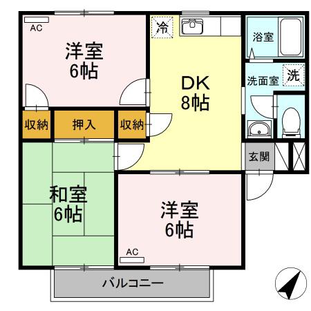 フォブール福岡(3DK/2階)の間取り写真