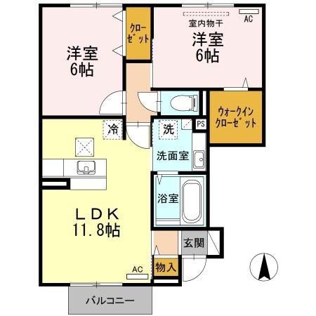 ヴィラージュ A棟(2LDK/1階)の間取り写真