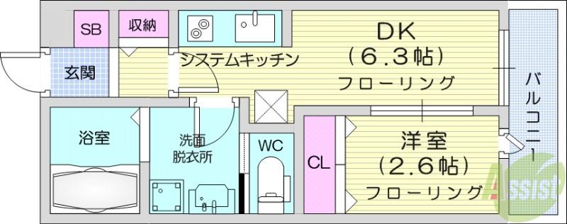 プログレス河原町(1DK/1階)の間取り写真
