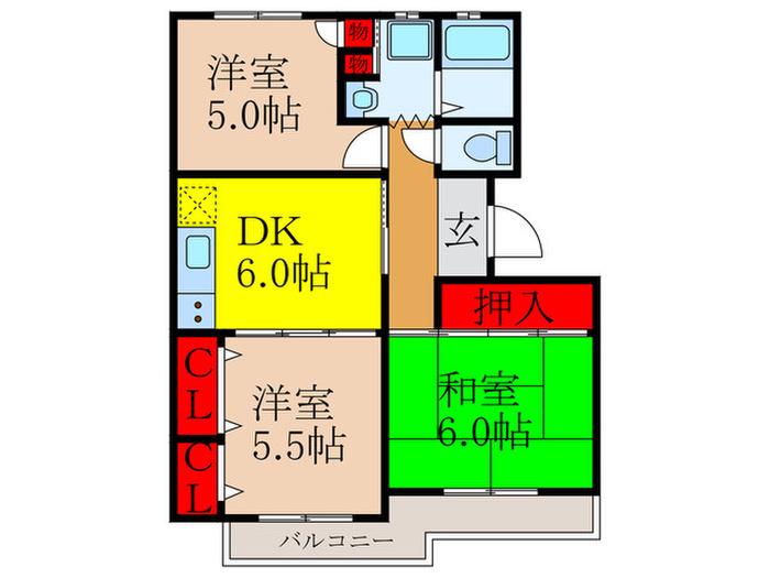 クレストヒルズ(3DK/1階)の間取り写真