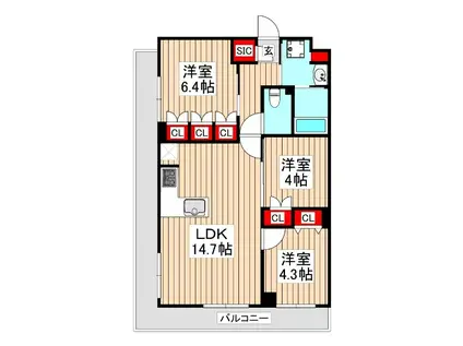 メゾンドオンディーヌ(3LDK/3階)の間取り写真