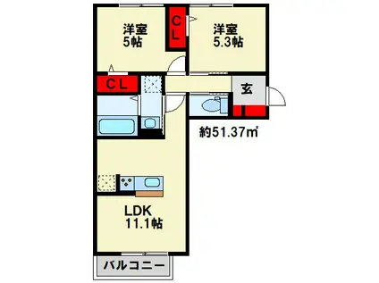 喜宝 YUKUHASHI(2LDK/1階)の間取り写真