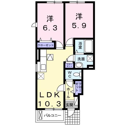 プリムローズII(2LDK/1階)の間取り写真