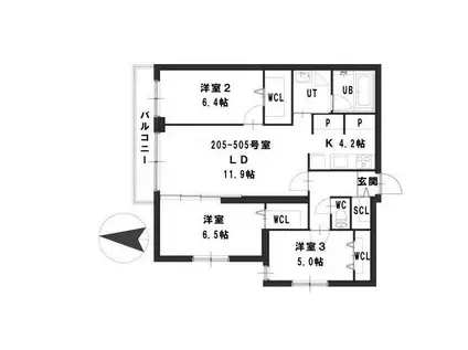 ピオネロ伏見(3LDK/3階)の間取り写真