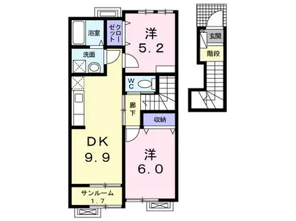 ジェントリー(2DK/2階)の間取り写真