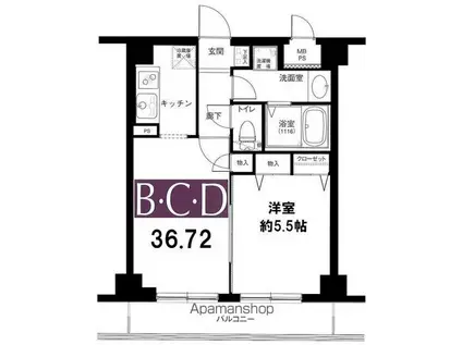 グリフォーネ横浜・西口(1LDK/2階)の間取り写真