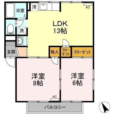 シャインポート屋島AD棟(2LDK/2階)の間取り写真