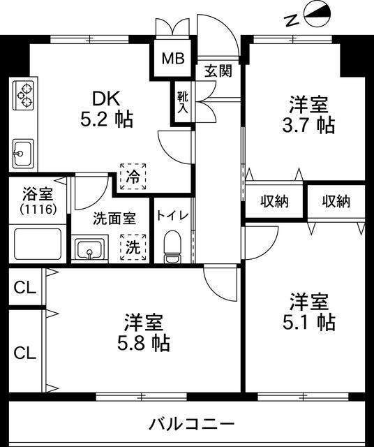 ウィスタリヤマンション第3砂川(3DK/1階)の間取り写真